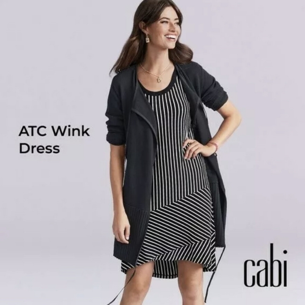 🔥CABI | ATC Wink Black & White Striped Asymmetric Hem Dress, Size L